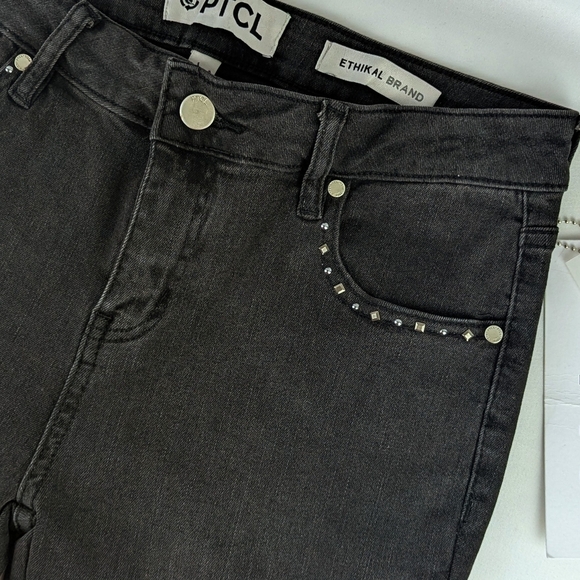 PTCL Studded Flare Leg Jeans Midrise Stretch Denim 33" Inseam Black Wash 28 NWT - Picture 11 of 15
